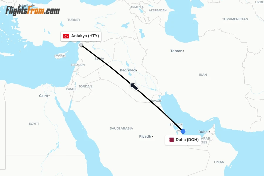 Flights from Doha to Antakya route map