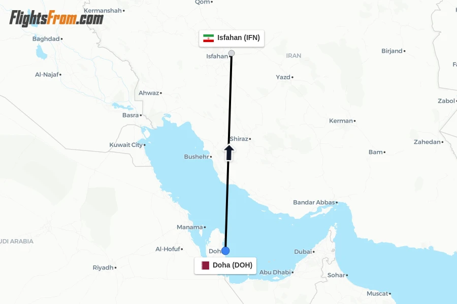 Flights from Doha to Isfahan route map