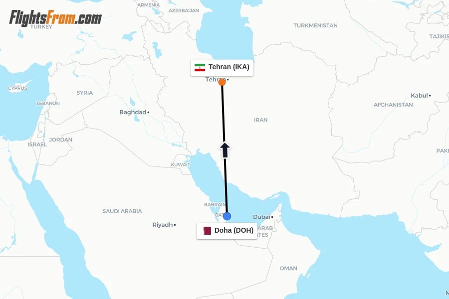 Flights from Doha to Tehran route map