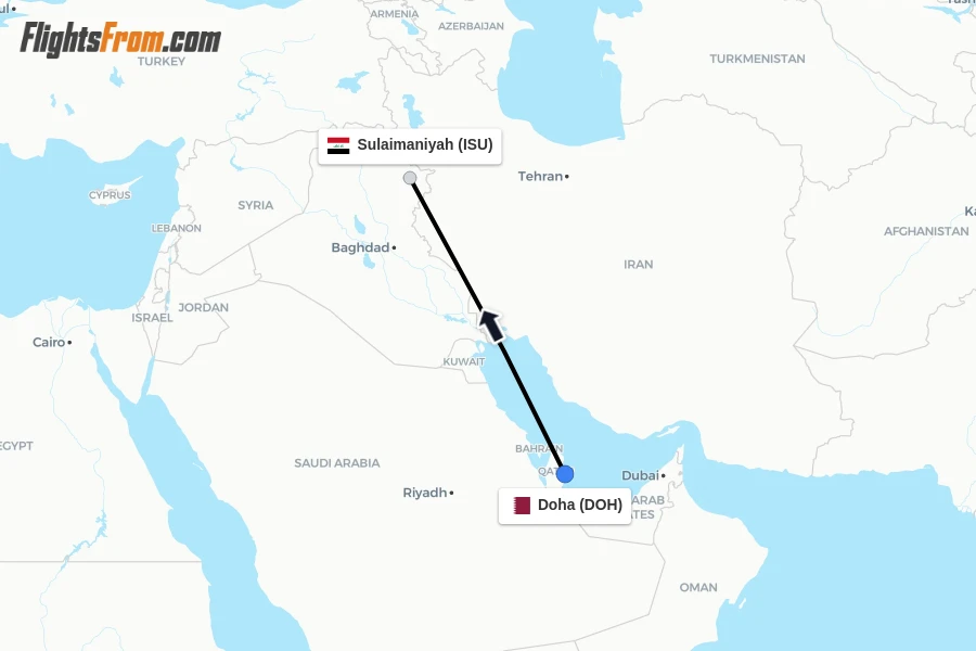 Flights from Doha to Sulaimaniyah route map