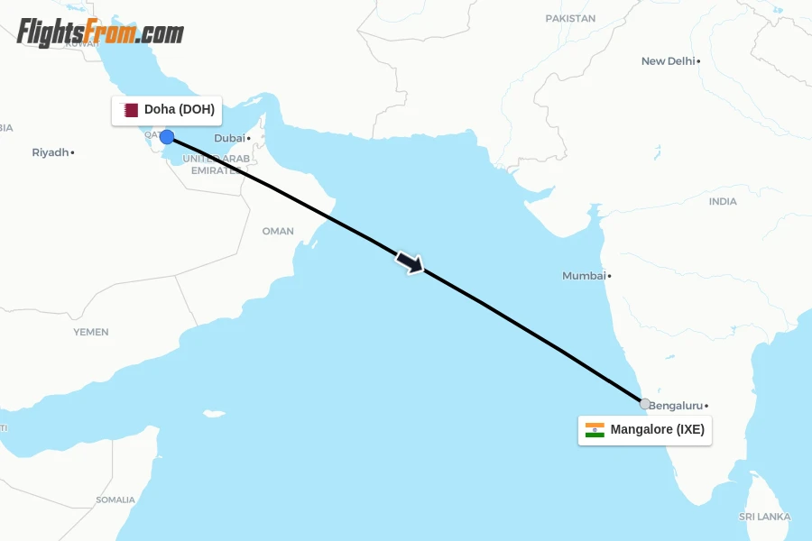 Flights from Doha to Mangalore route map