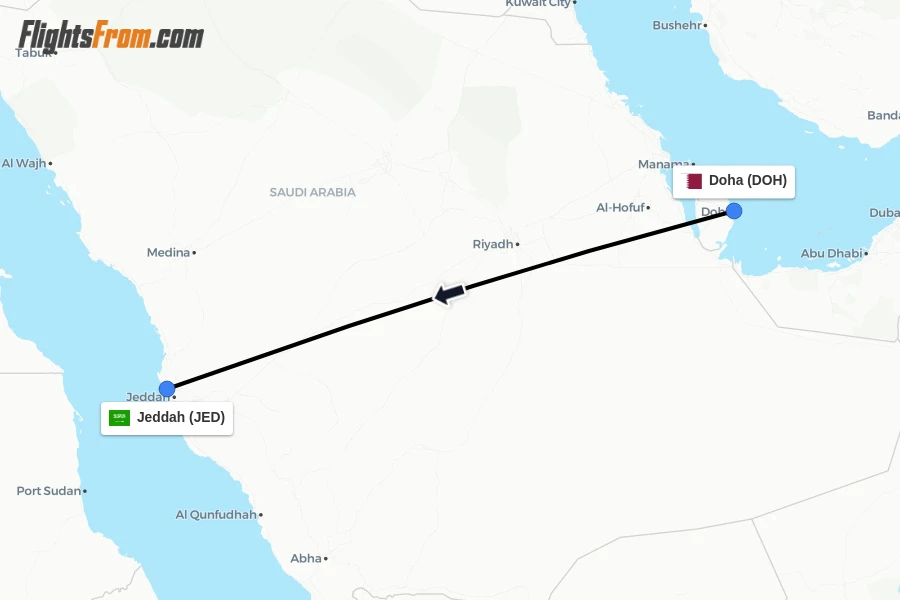 Flights from Doha to Jeddah route map