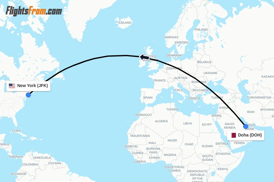 Flights from Doha to New York route map