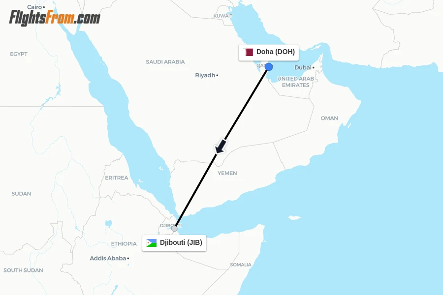 Flights from Doha to Djibouti route map
