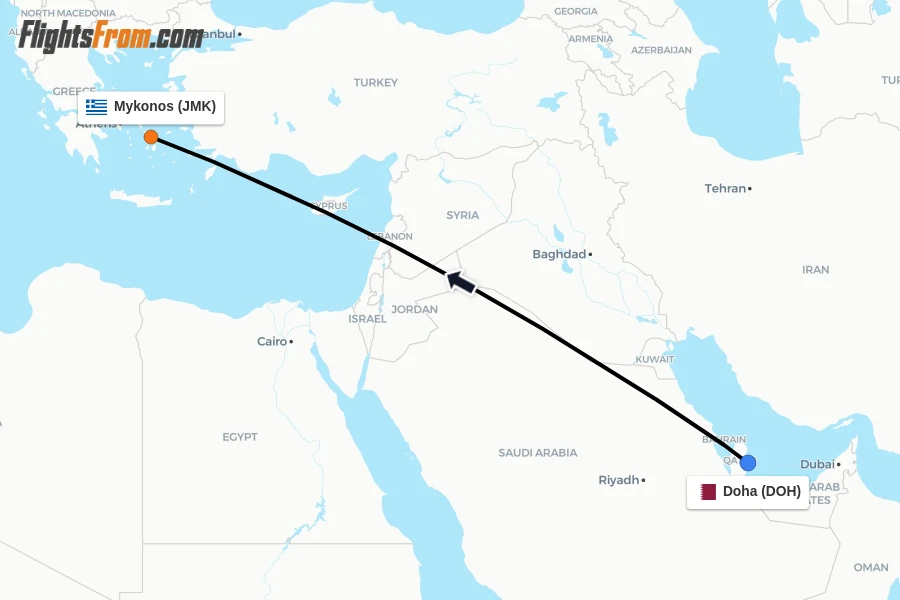 Flights from Doha to Mykonos route map