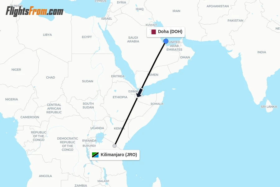 Flights from Doha to Kilimanjaro route map