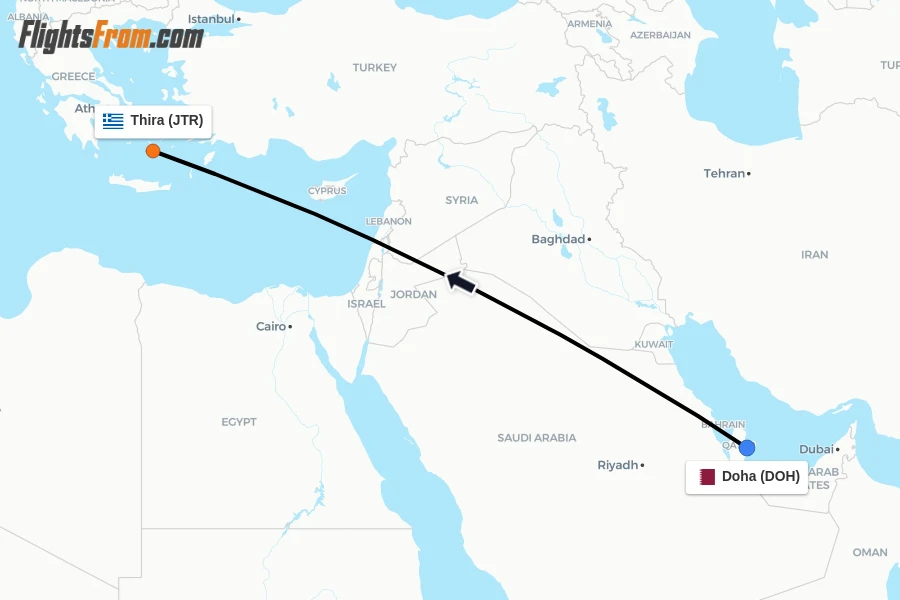 Flights from Doha to Thira route map