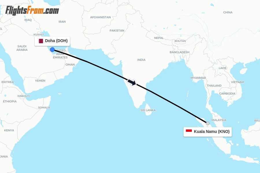 Flights from Doha to Kuala Namu route map