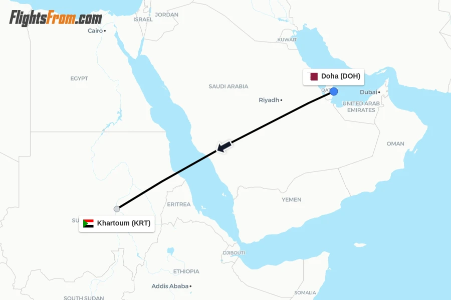 Flights from Doha to Khartoum route map