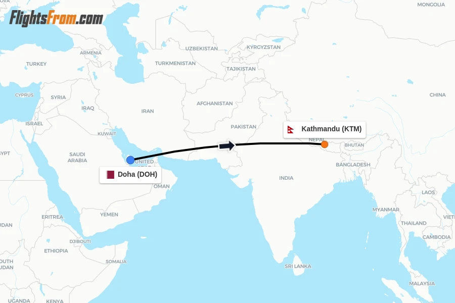 Flights from Doha to Kathmandu route map