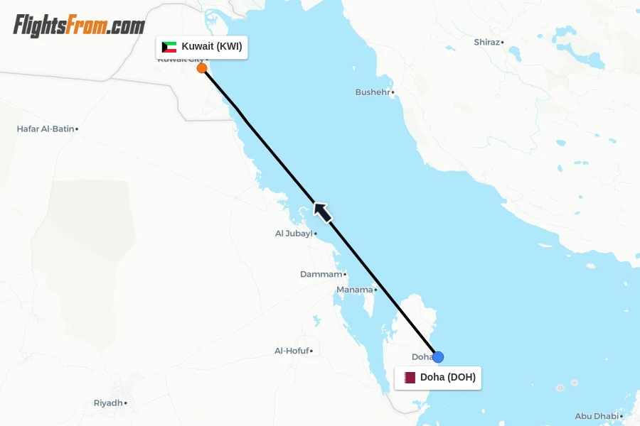 Flights from Doha to Kuwait route map