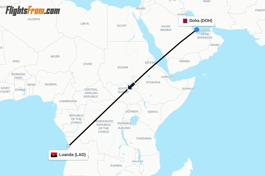 Flights from Doha to Luanda route map