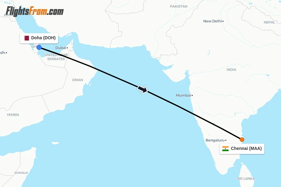 Flights from Doha to Chennai route map