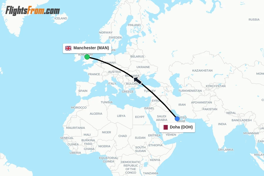 Flights from Doha to Manchester route map