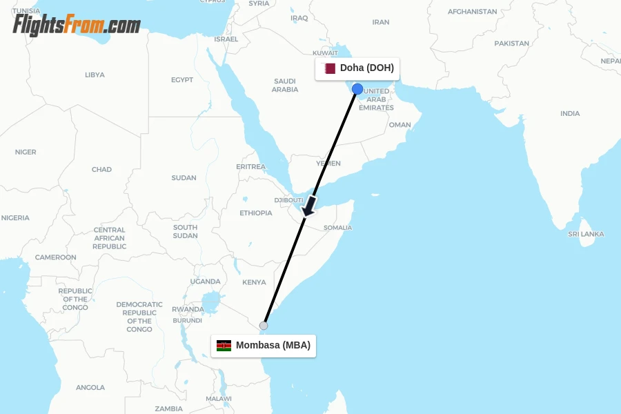 Flights from Doha to Mombasa route map