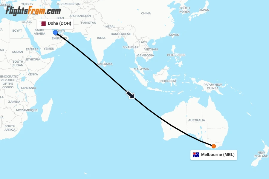 Flights from Doha to Melbourne route map