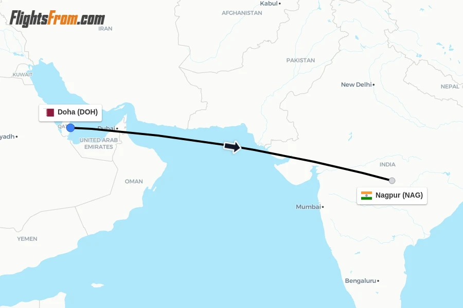 Flights from Doha to Nagpur route map