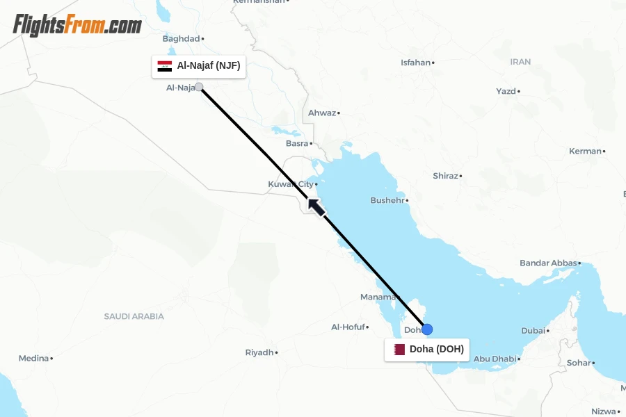 Flights from Doha to Al-Najaf route map