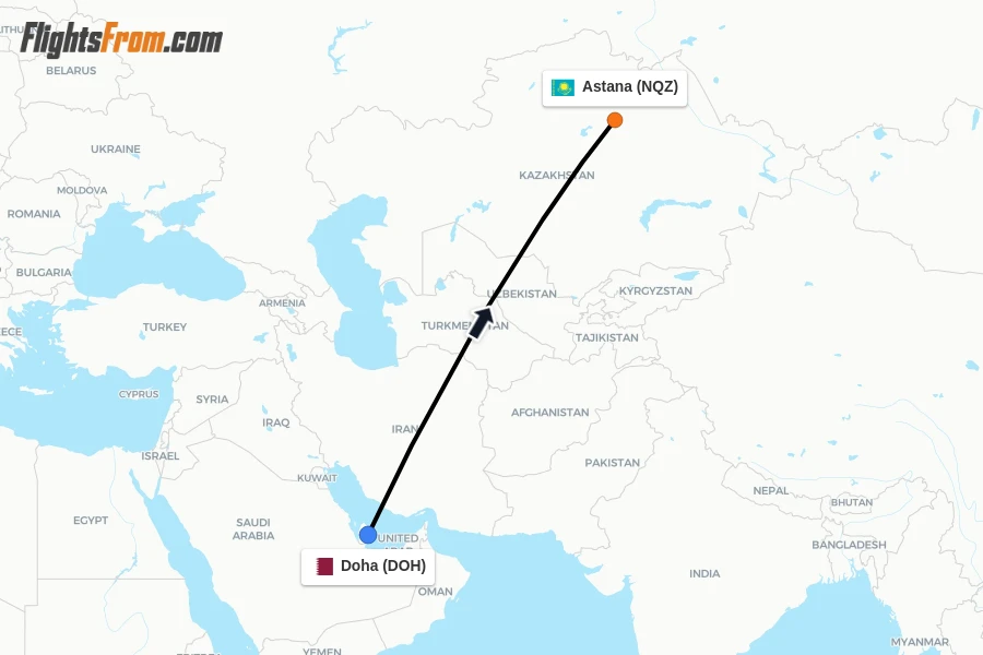 Flights from Doha to Astana route map