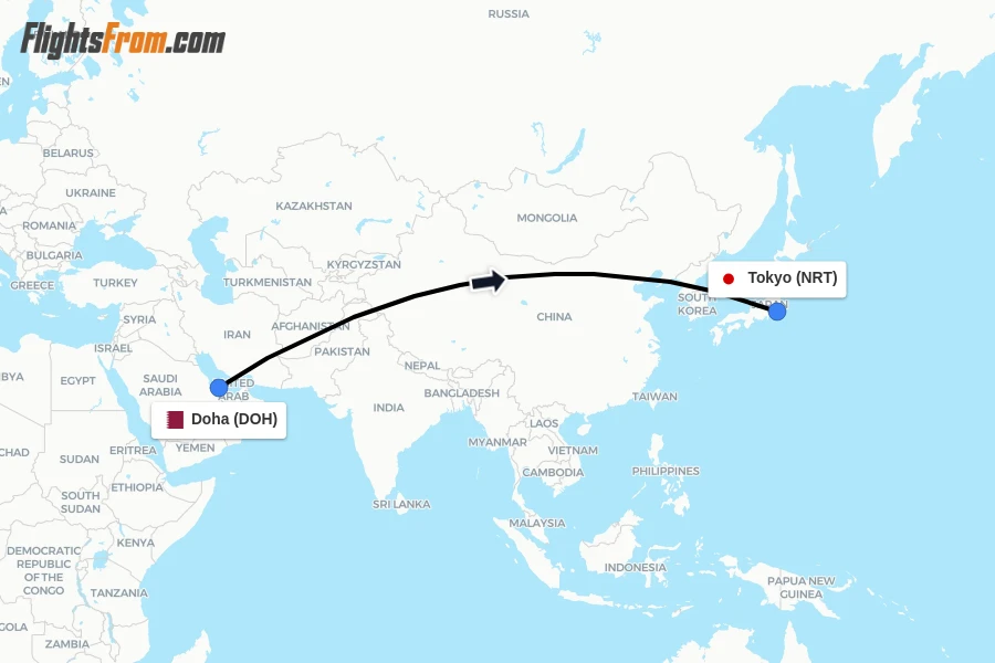 Flights from Doha to Tokyo route map