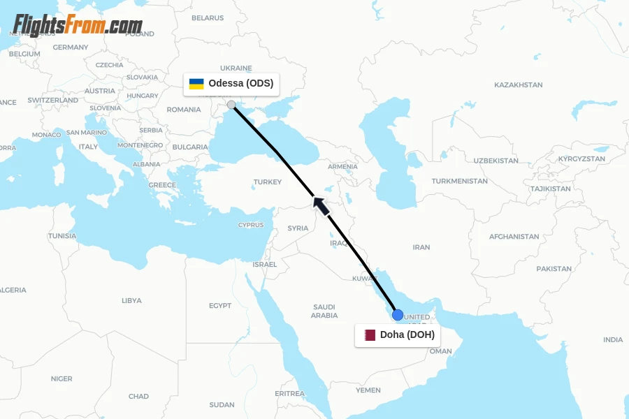 Flights from Doha to Odessa route map