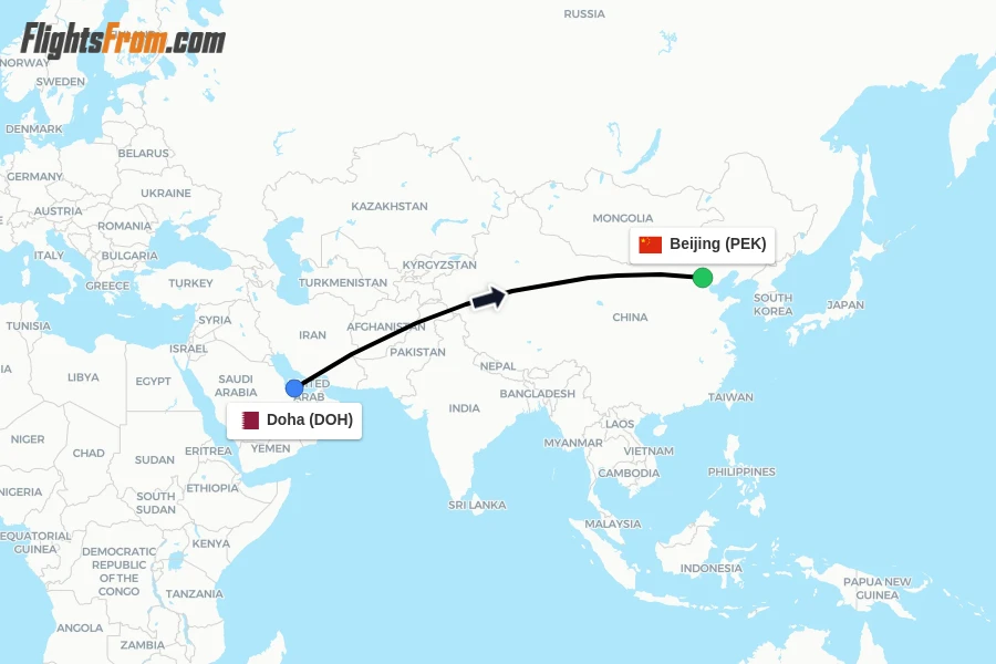 Flights from Doha to Beijing route map
