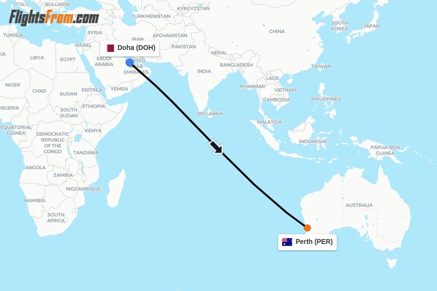 Flights from Doha to Perth route map