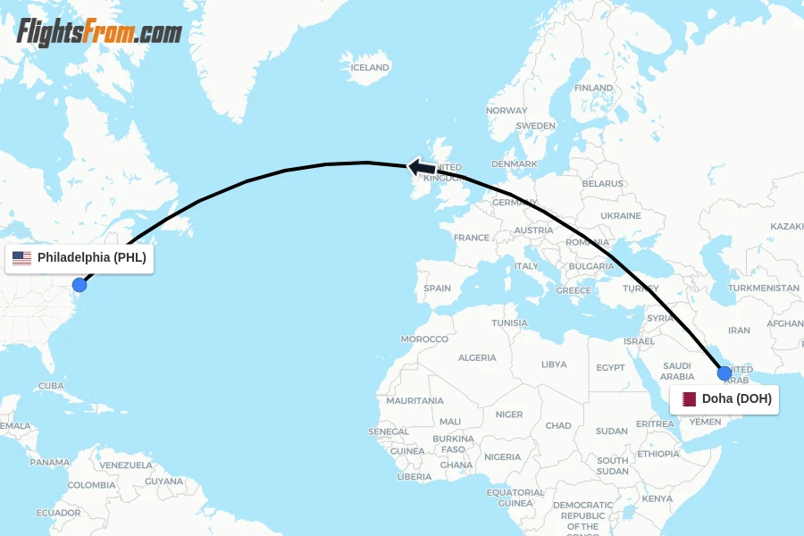 Flights from Doha to Philadelphia route map