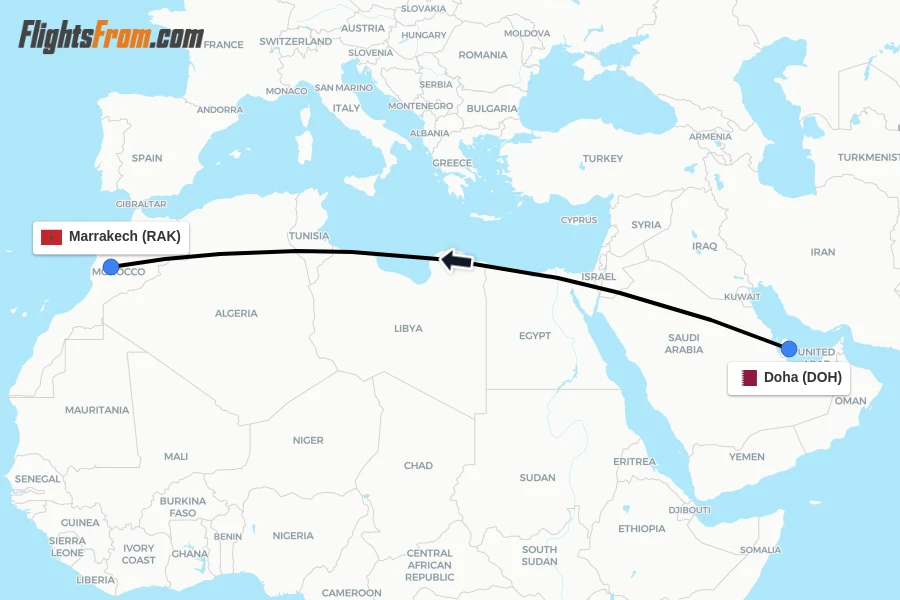 Flights from Doha to Marrakech route map