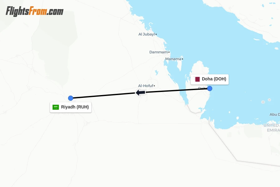 Flights from Doha to Riyadh route map