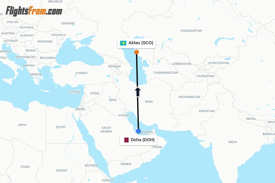 Flights from Doha to Aktau route map