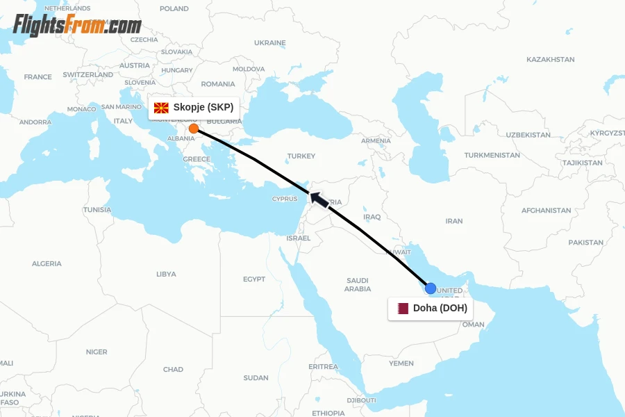 Flights from Doha to Skopje route map