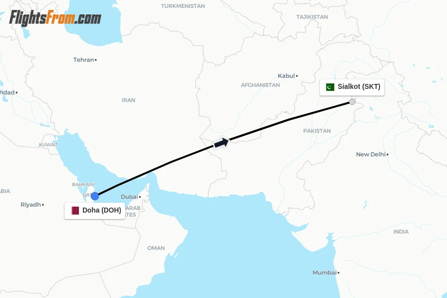 Flights from Doha to Sialkot route map