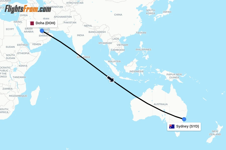 Flights from Doha to Sydney route map