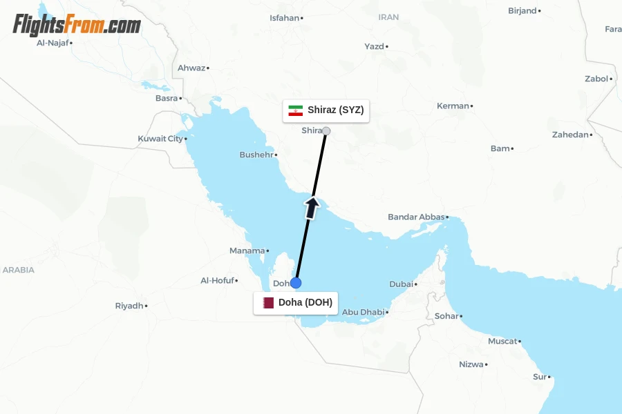 Flights from Doha to Shiraz route map