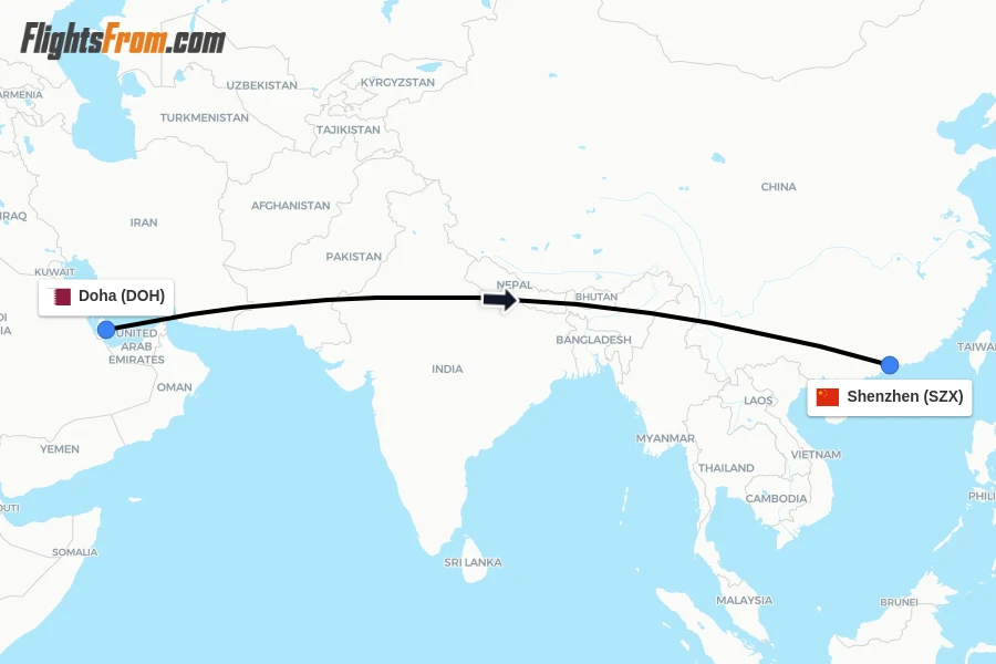 Flights from Doha to Shenzhen route map