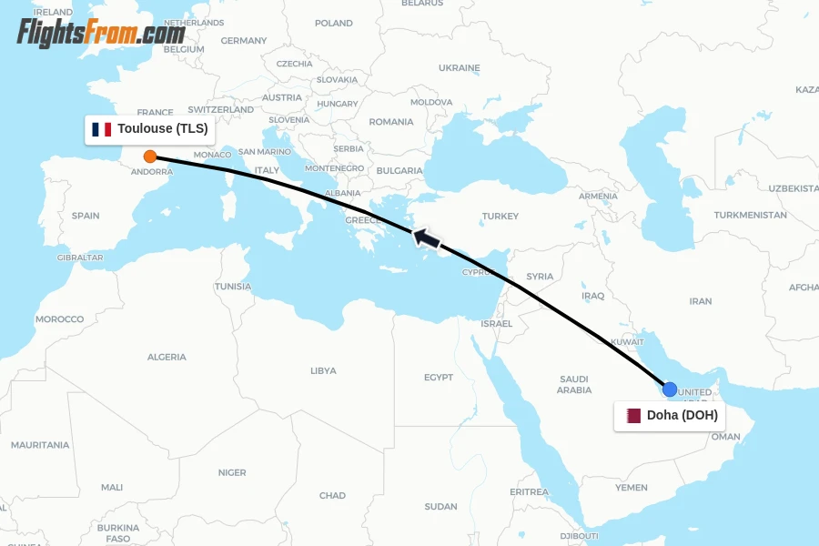 Flights from Doha to Toulouse route map