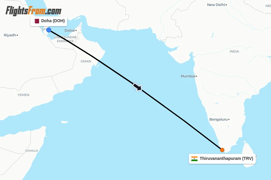 Flights from Doha to Thiruvananthapuram route map