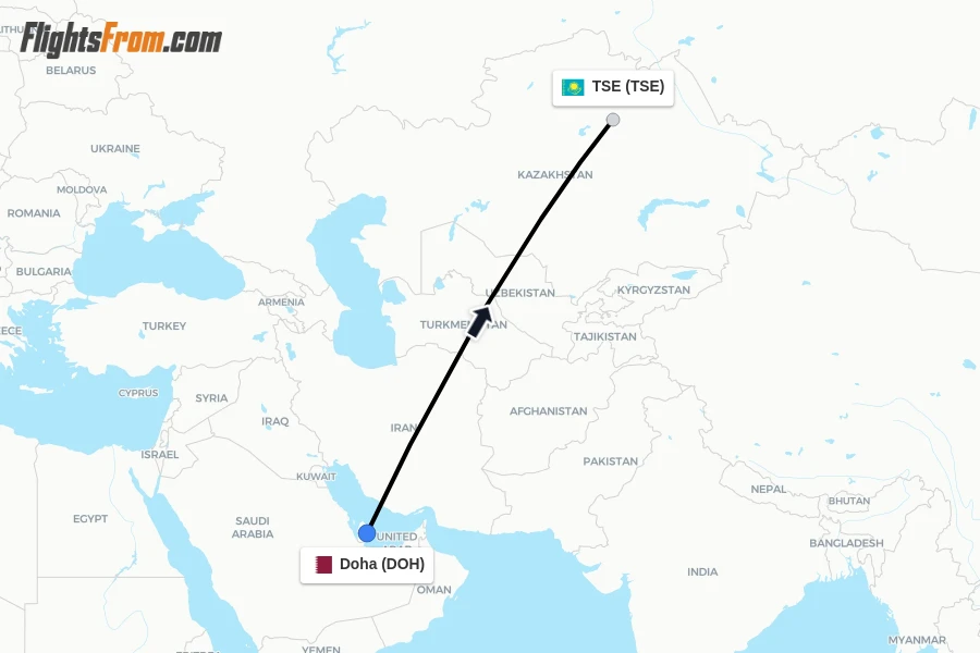 Flights from Doha to TSE route map