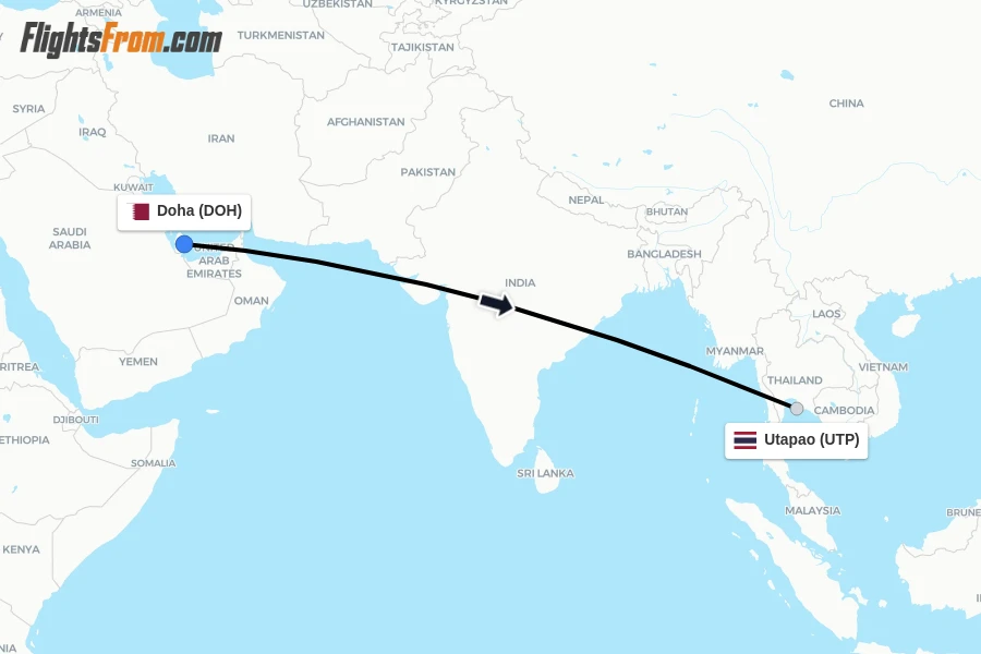 Flights from Doha to Utapao route map