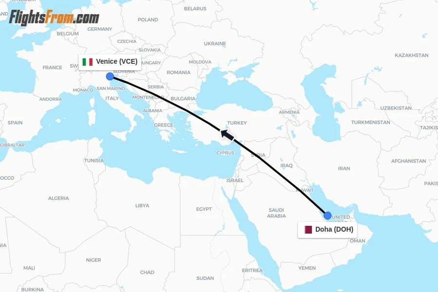 Flights from Doha to Venice route map