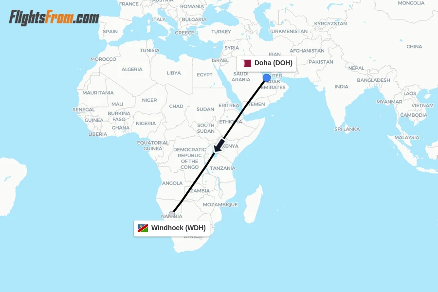 Flights from Doha to Windhoek route map