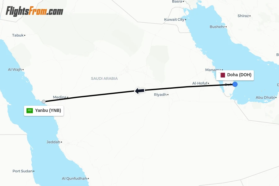 Flights from Doha to Yanbu route map