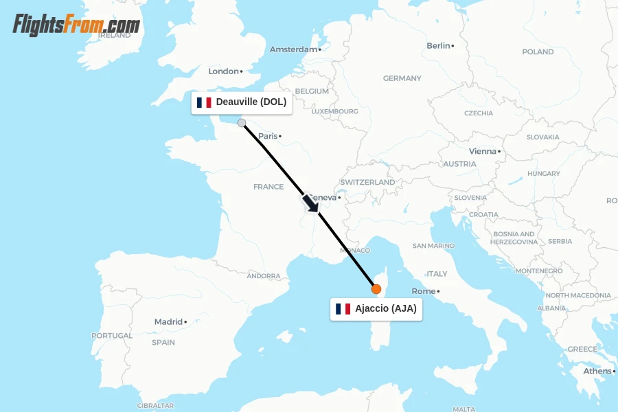 Flights from Deauville to Ajaccio route map