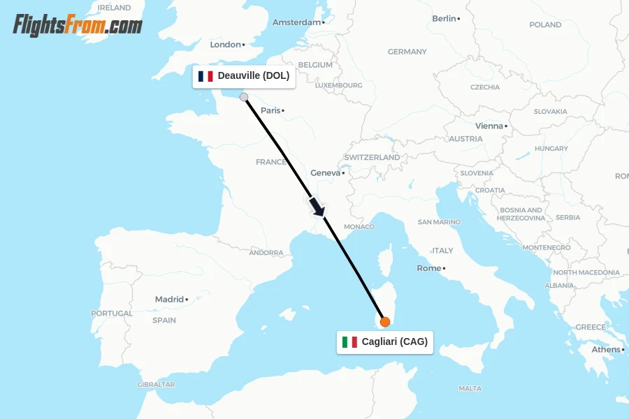 Flights from Deauville to Cagliari route map