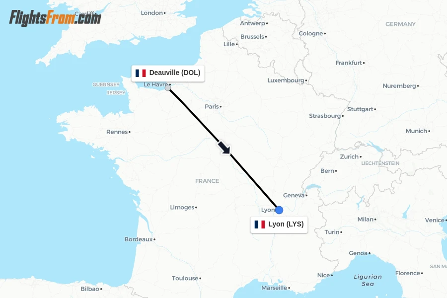 Flights from Deauville to Lyon route map