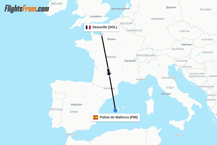 Flights from Deauville to Palma de Mallorca route map