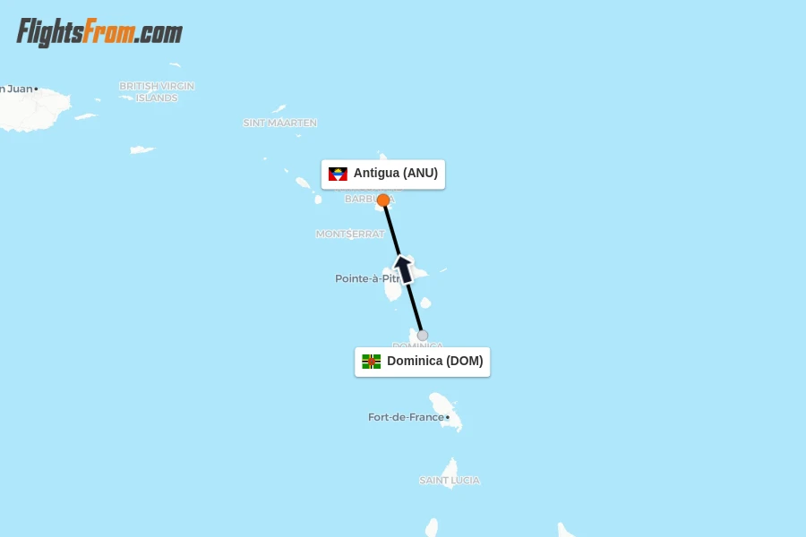 Flights from Dominica to Antigua route map