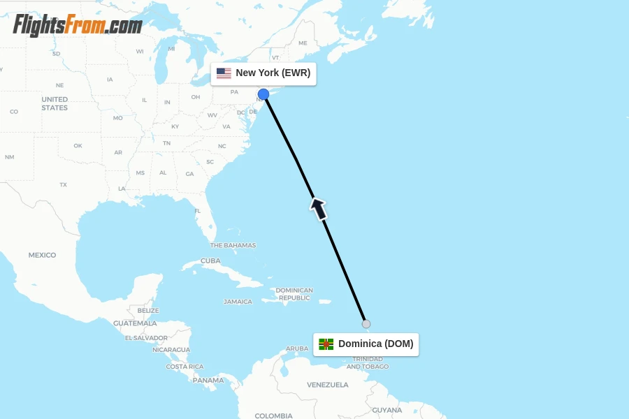 Flights from Dominica to New York route map