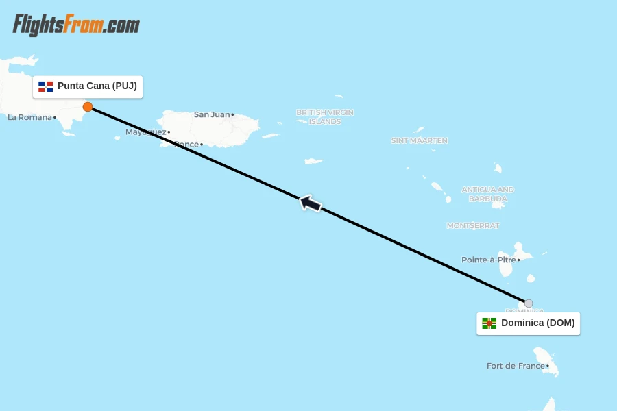 Flights from Dominica to Punta Cana route map